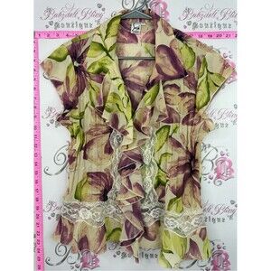 Sash blouse y2k Floral Ruffle Lace Women's Top - Purple & Green